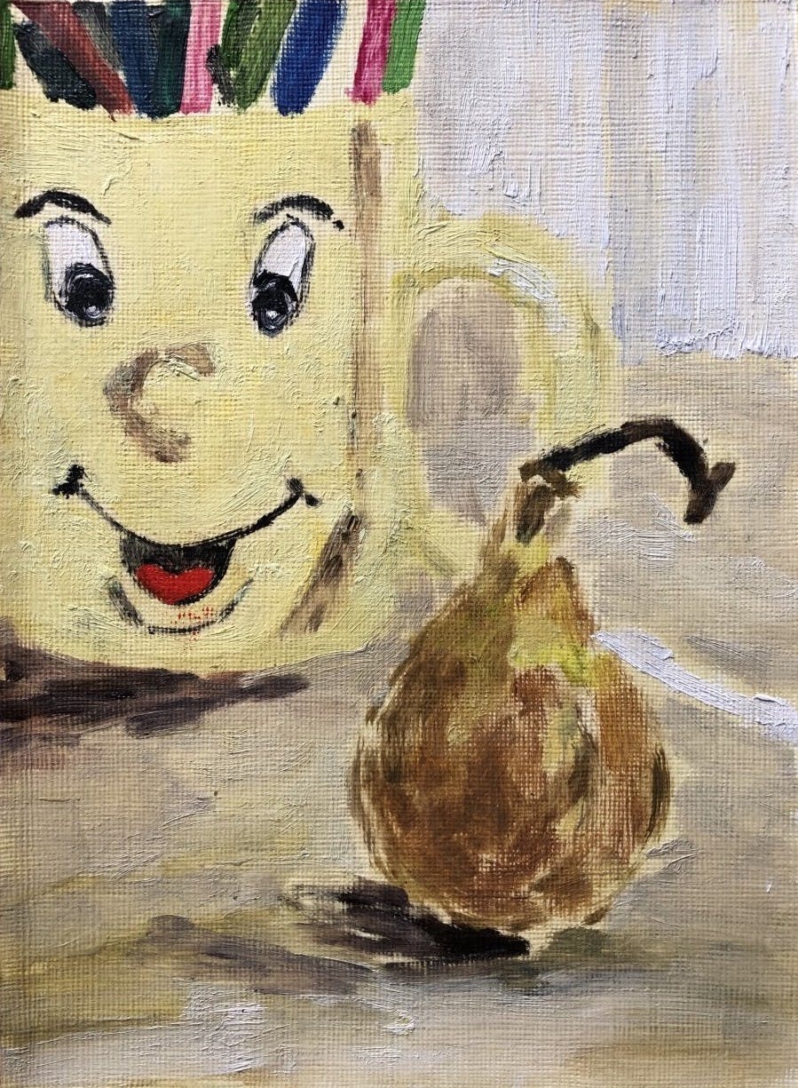 Studio Mug and Pear, 2021. Oil on primed paper, 15.5 x 21cm