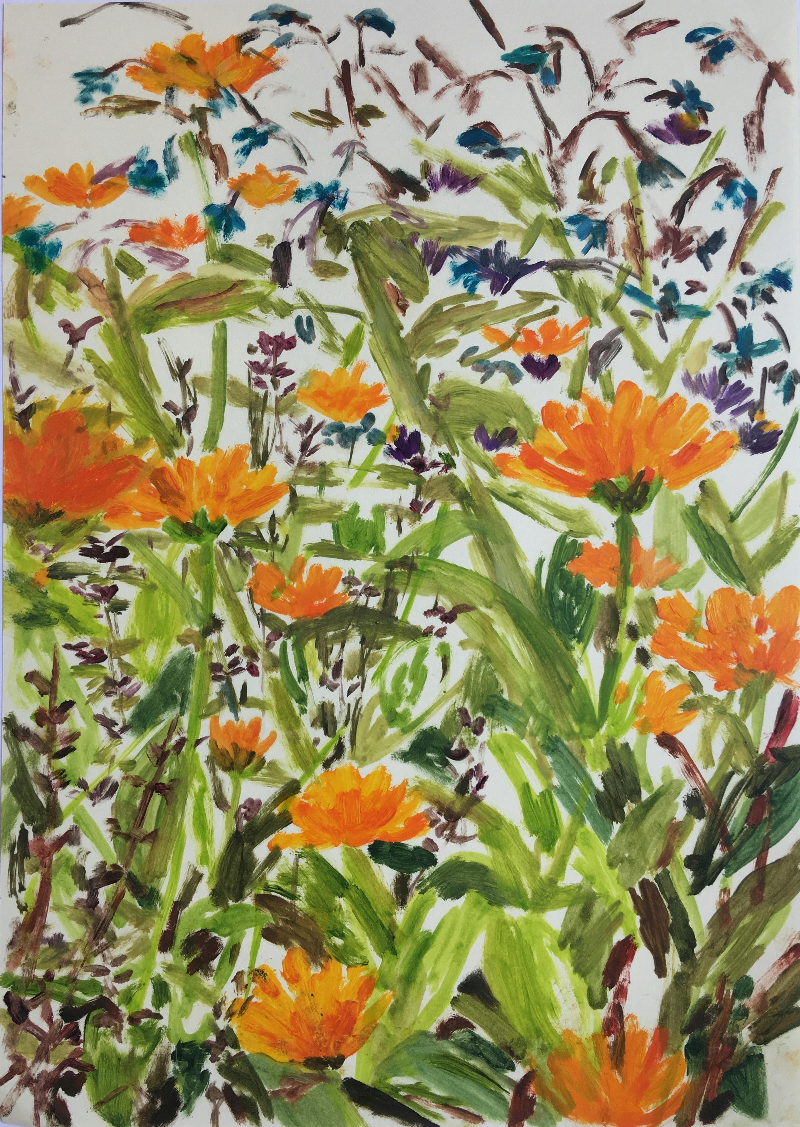 Marigolds and Borage, 2020. Oil on paper, 21 x 29.5cm