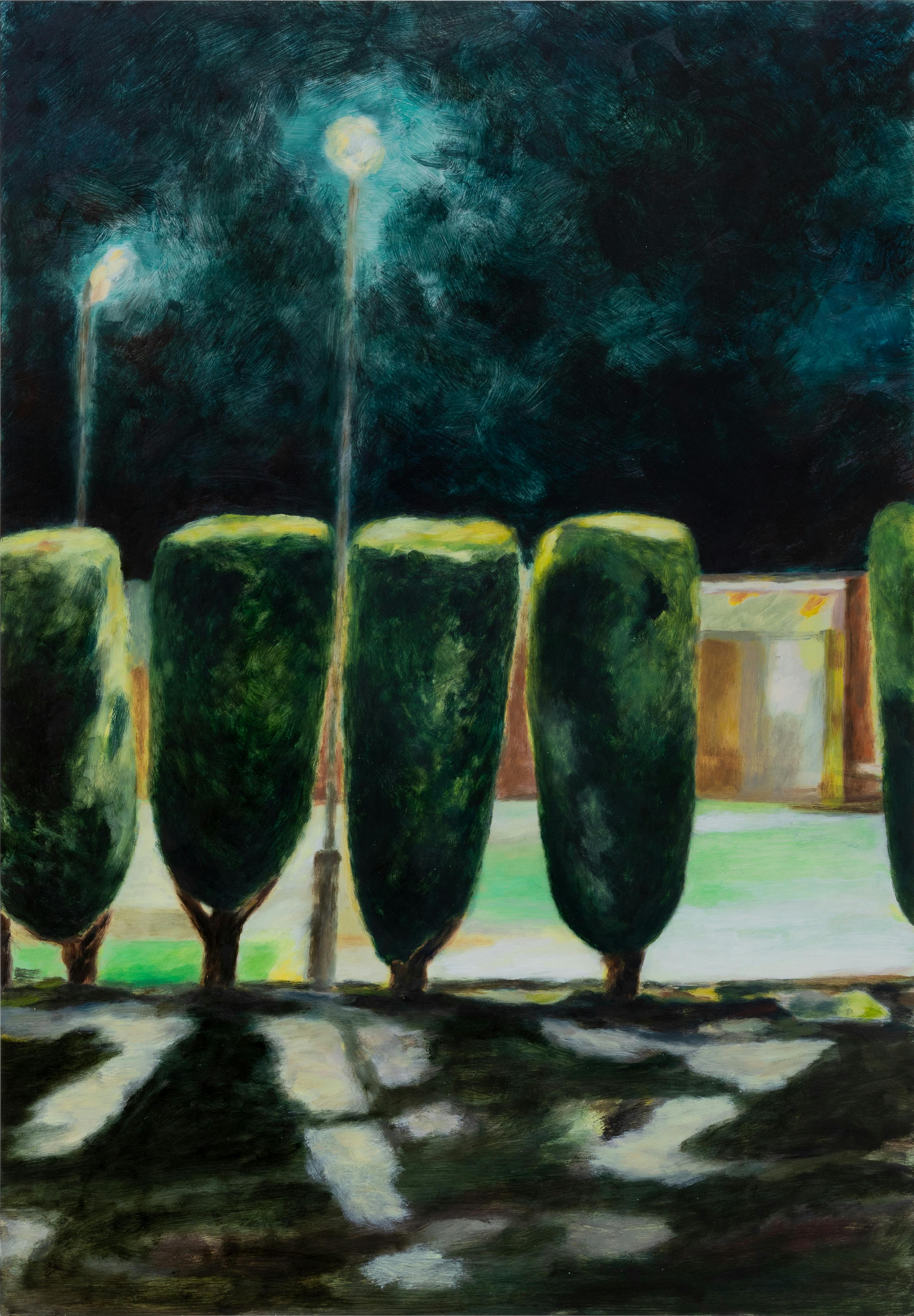 Tennis Court at Night, 2021. Oil on aluminium, 44.5 x 64cm