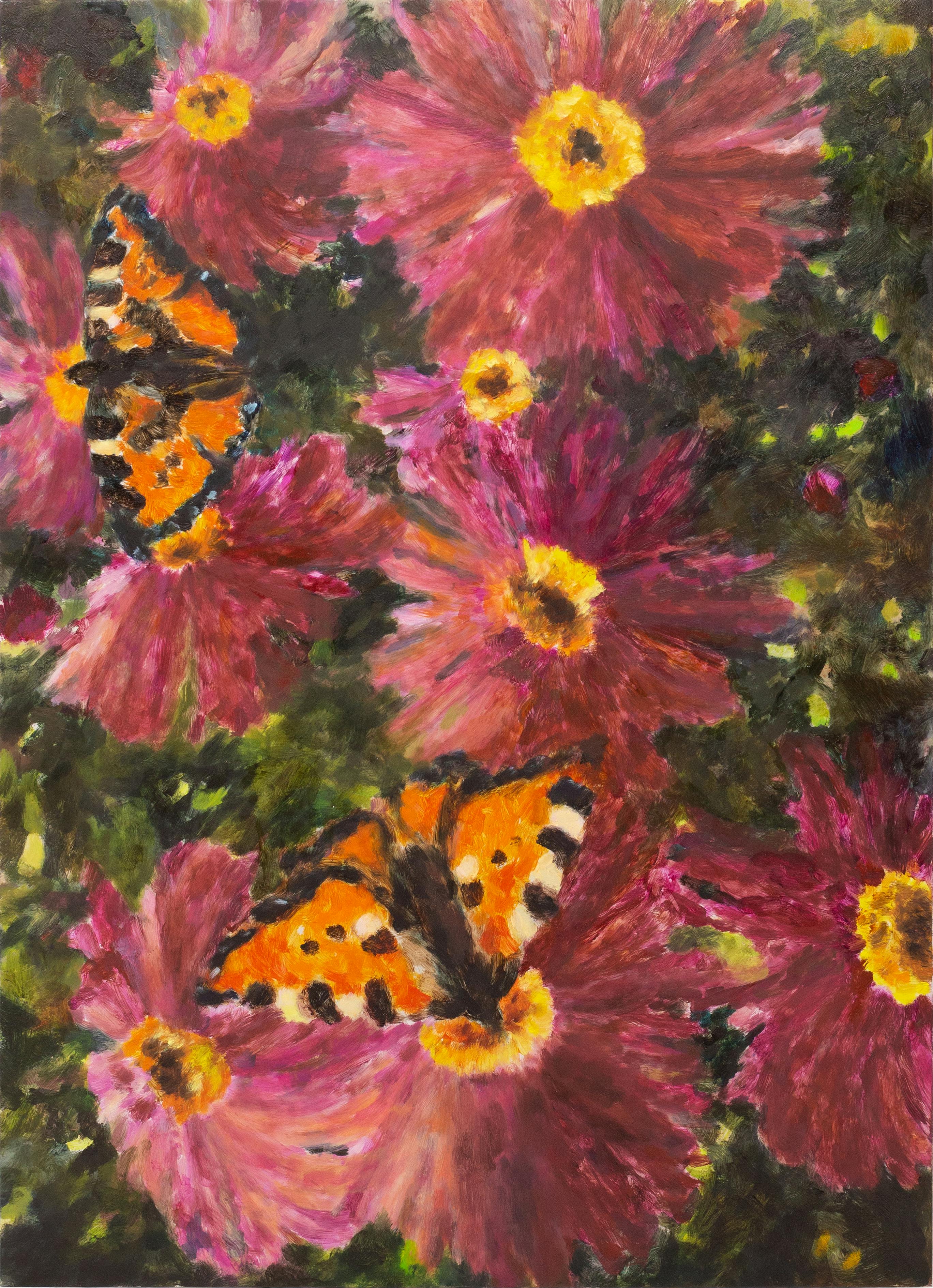 Butterflies and Asters, 2022. Oil on aluminium, 40 x 30cm