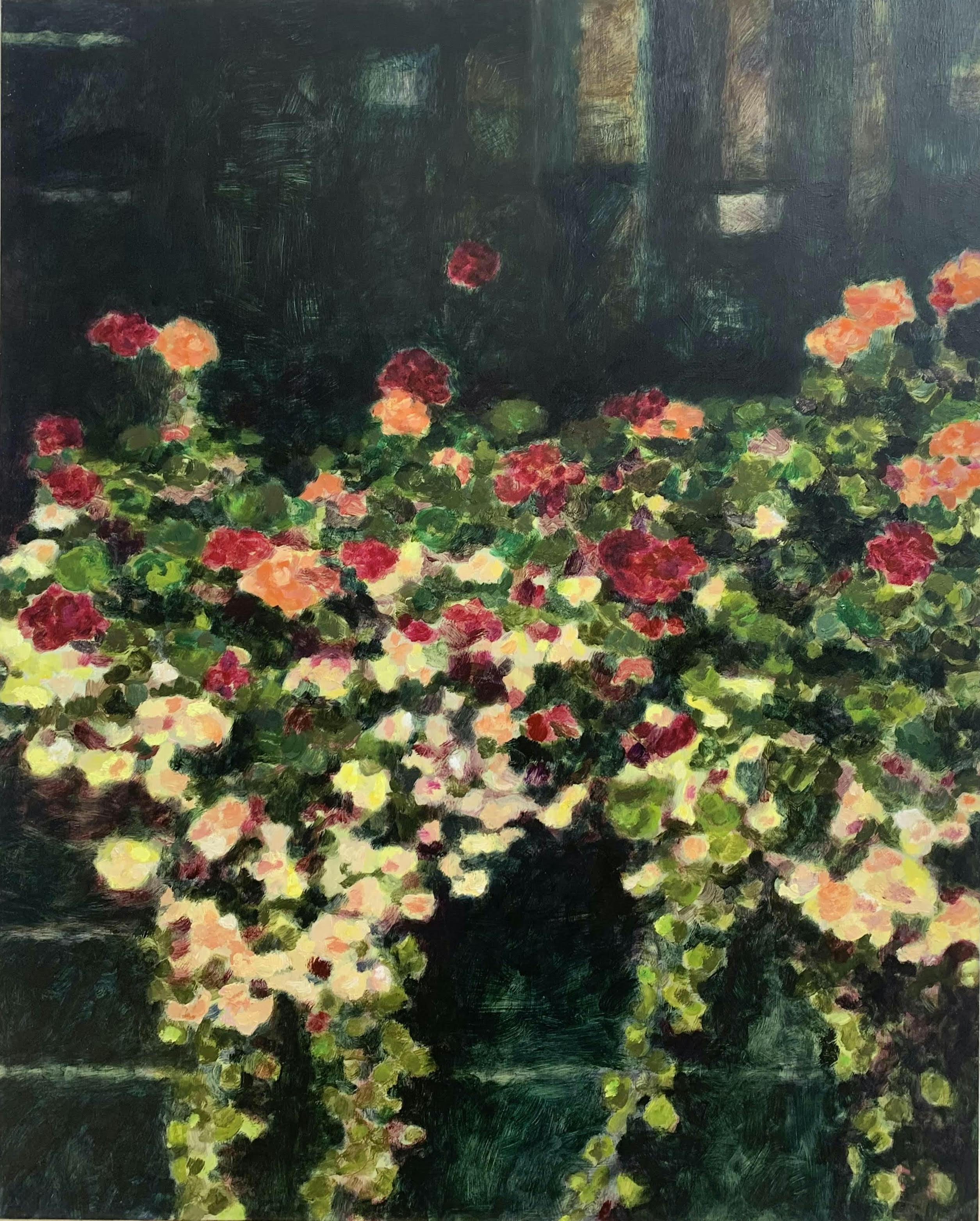Geraniums, 2022. Oil on aluminium, 50 x 40cm